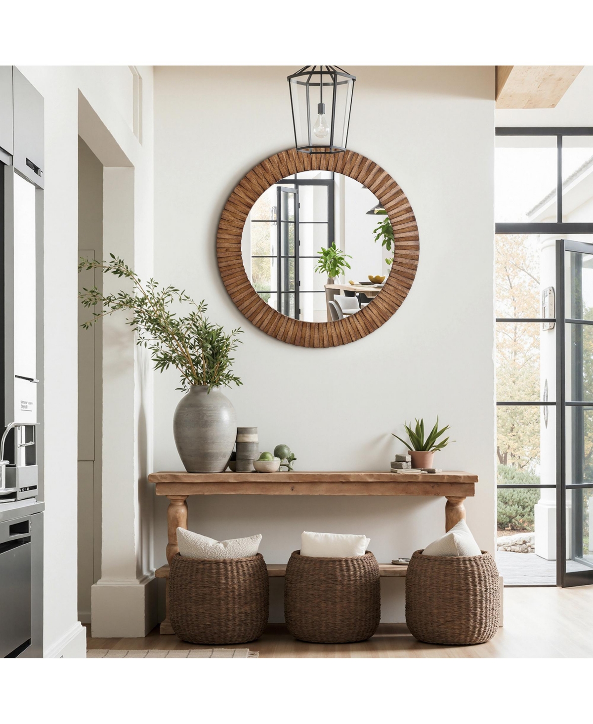 LuxenHome Rustic Oak Wood Textured Round Wall Mirror, 29” Decorative Home Accent