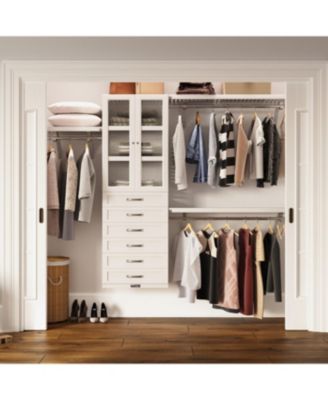Solid Wood Walk-In Closet Organizer with 6 Shaker Style Drawers and Glass Doors