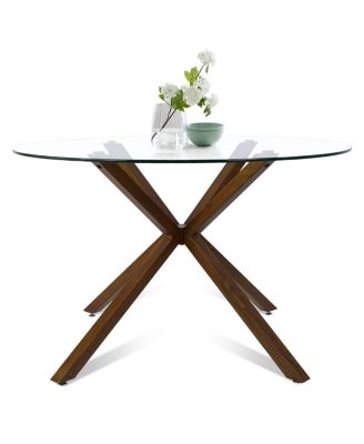 Modern 5-Piece Glass Top Dining Set for Small Spaces, 39.4'' Round Table with Fabric Chairs for Kitchen or Apartment-Maison Boucle