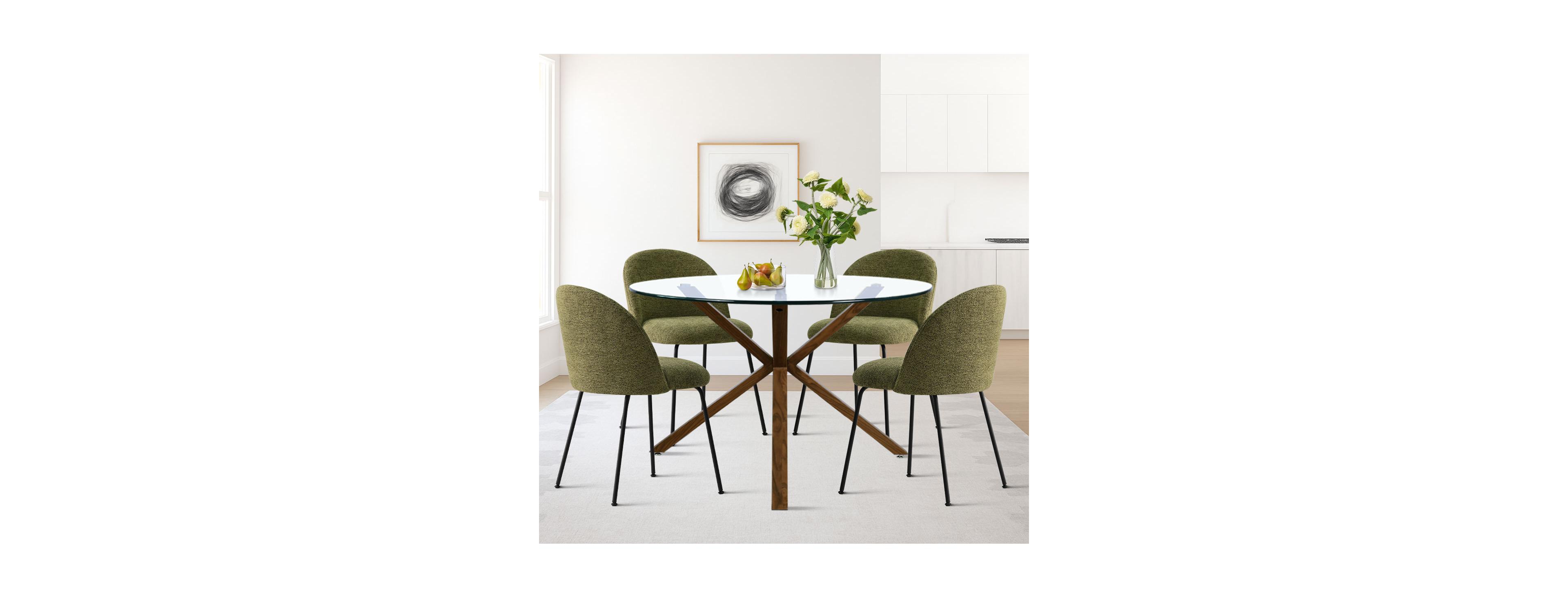 5-Piece Round Glass Dining Table Set, Modern Kitchen with Upholstered Chairs and Metal Legs-Maison Boucle