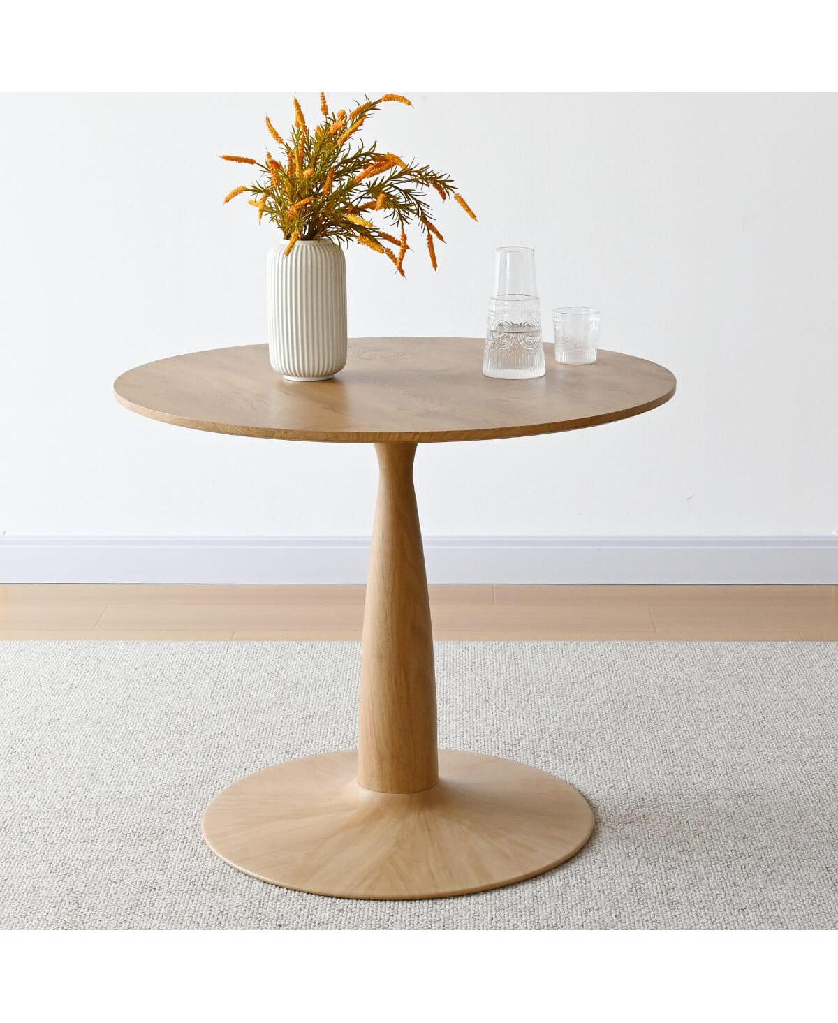 3-Piece Round Dining Table Set, 34.5'' Mdf Wood Top with Metal Base and Upholstered Wood-Leg Chairs for Small Spaces-Maison Boucle