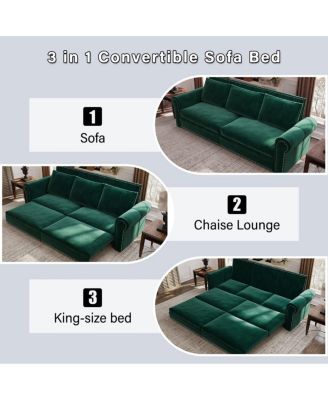 93.7" Velvet King Pull Out Sofa Bed, 3-in-1 Convertible Sleeper Couch with Chaise & Nailhead Trim for Living Room or Guest Room