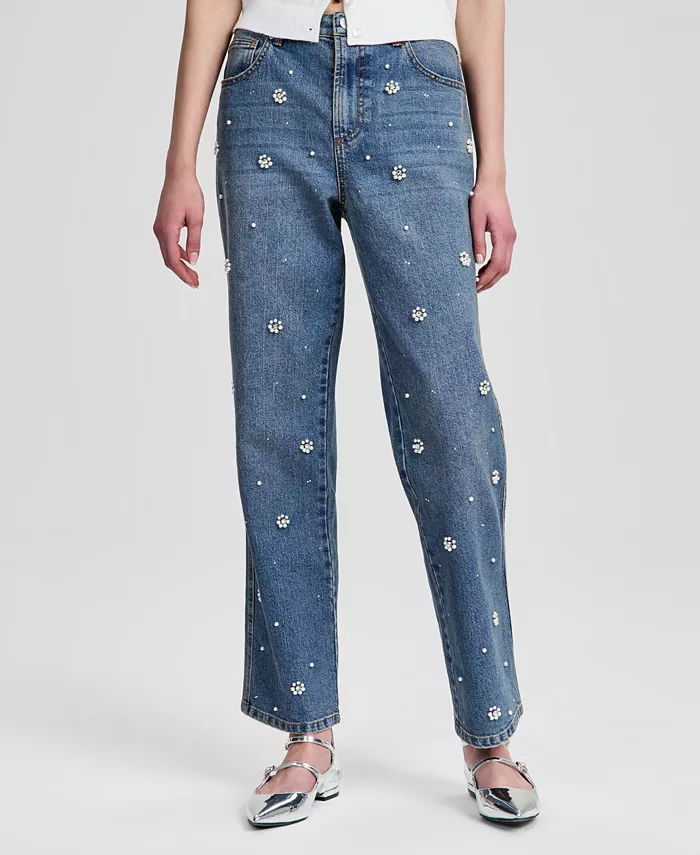 Women's Pearl-Embellished Straight-Leg Jeans - thumbnail 4