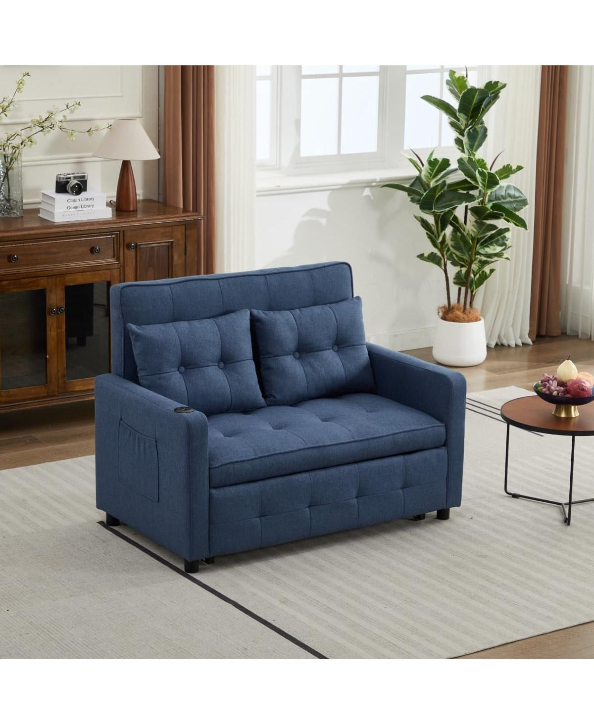 Linen Sleeper Sofa Bed, 2-Seater Pull Out Sofa with Cup Holder, Usb Charging, Multi-Position Back for Apartment or Guest Room-Maison Boucle