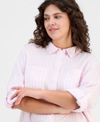 Plus Size 100% Linen Striped Button-Front Shirt