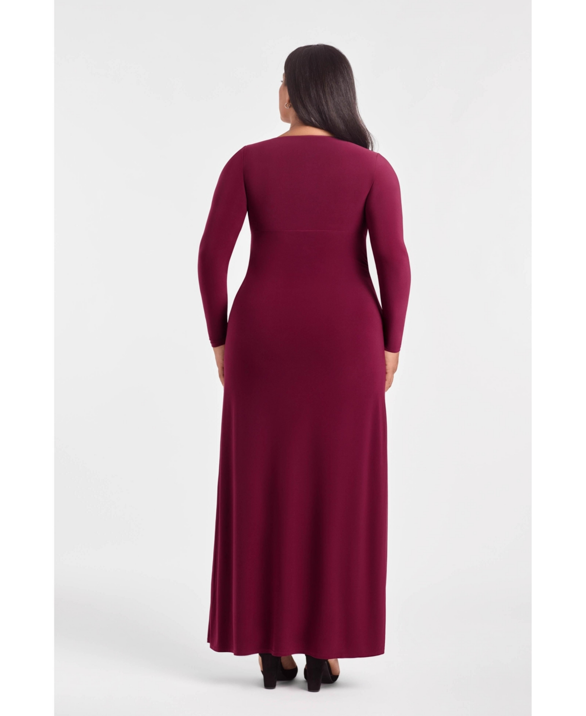 S3 Apparel Women's Sculpting Shapewear Shirred V-Neck Long Sleeve Solid Maxi Dress - Cherry Mocha