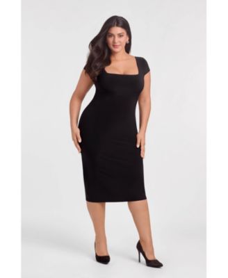 Women's S3 Sculpting Shapewear Square Neck Cap Sleeve Solid Midi Dress