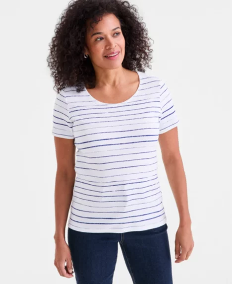 Petite Shibori Stripe Scoop Neck Top - Bright White Combo