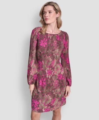 Women's Long-Sleeve Release Pleat Shift Dress