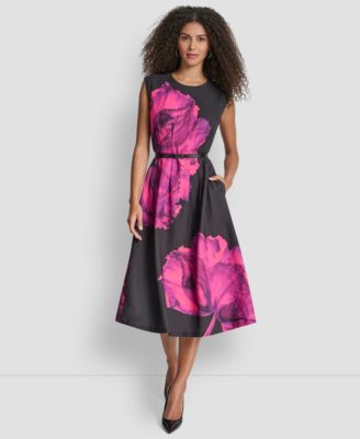 Women's Sleeveless Jewel Neck Fit and Flare Midi Dress