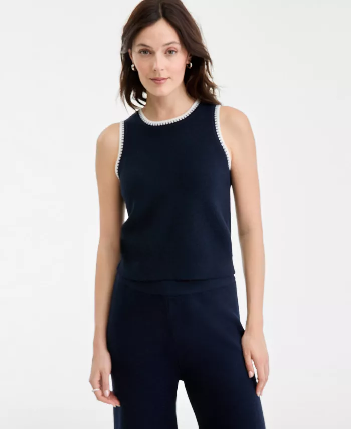 Women's Tipped Crewneck Sleeveless Sweater