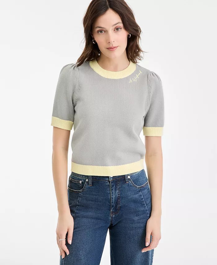 Women's Embroidered Colorblocked Short-Sleeve Sweater - thumbnail 7