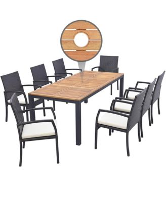 9 PCS Patio Rattan Dining Set with Acacia Wood Table, Cushions, 1.9" Umbrella Hole