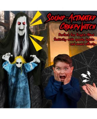 Halloween Decoration 6 11” Sound-Activated Witch Holding Ghost Girl Spooky Sound