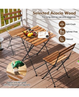 3 PCS Patio Acacia Wood Bistro Set Bistro Table with 2 Folding Chairs Slatted Seat