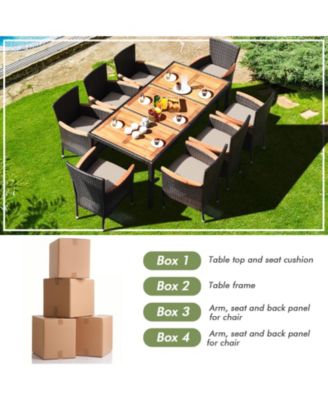 9PCS Patio Wicker Dining Set Acacia Wood Table Top Umbrella Hole Cushions Chairs