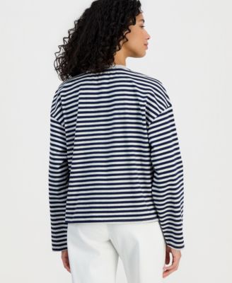 Juniors' Oversized Striped Long-Sleeve Crewneck Tee