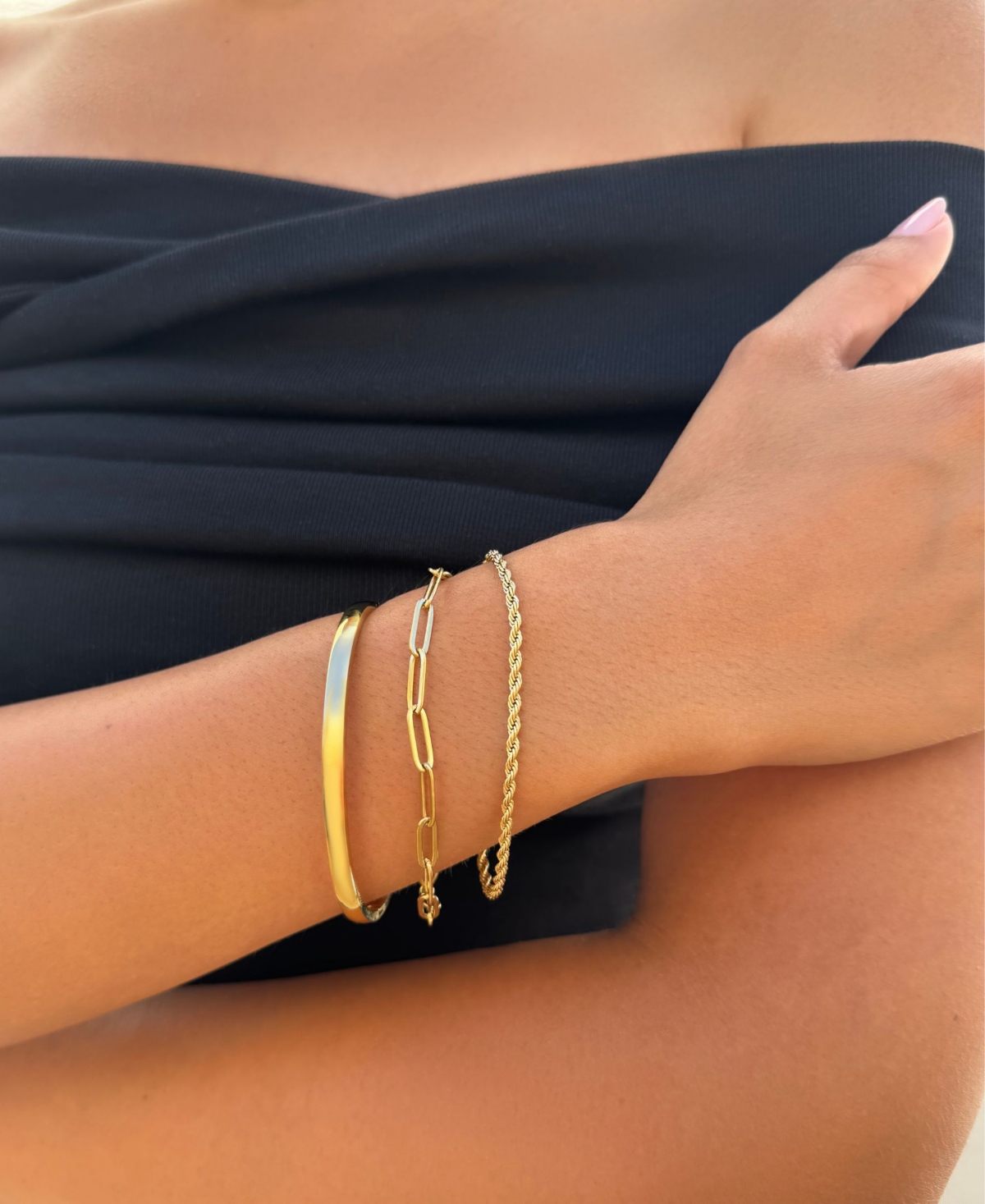 Adornia Tarnish Resistant Gold Cuff and Chain Bracelet Set