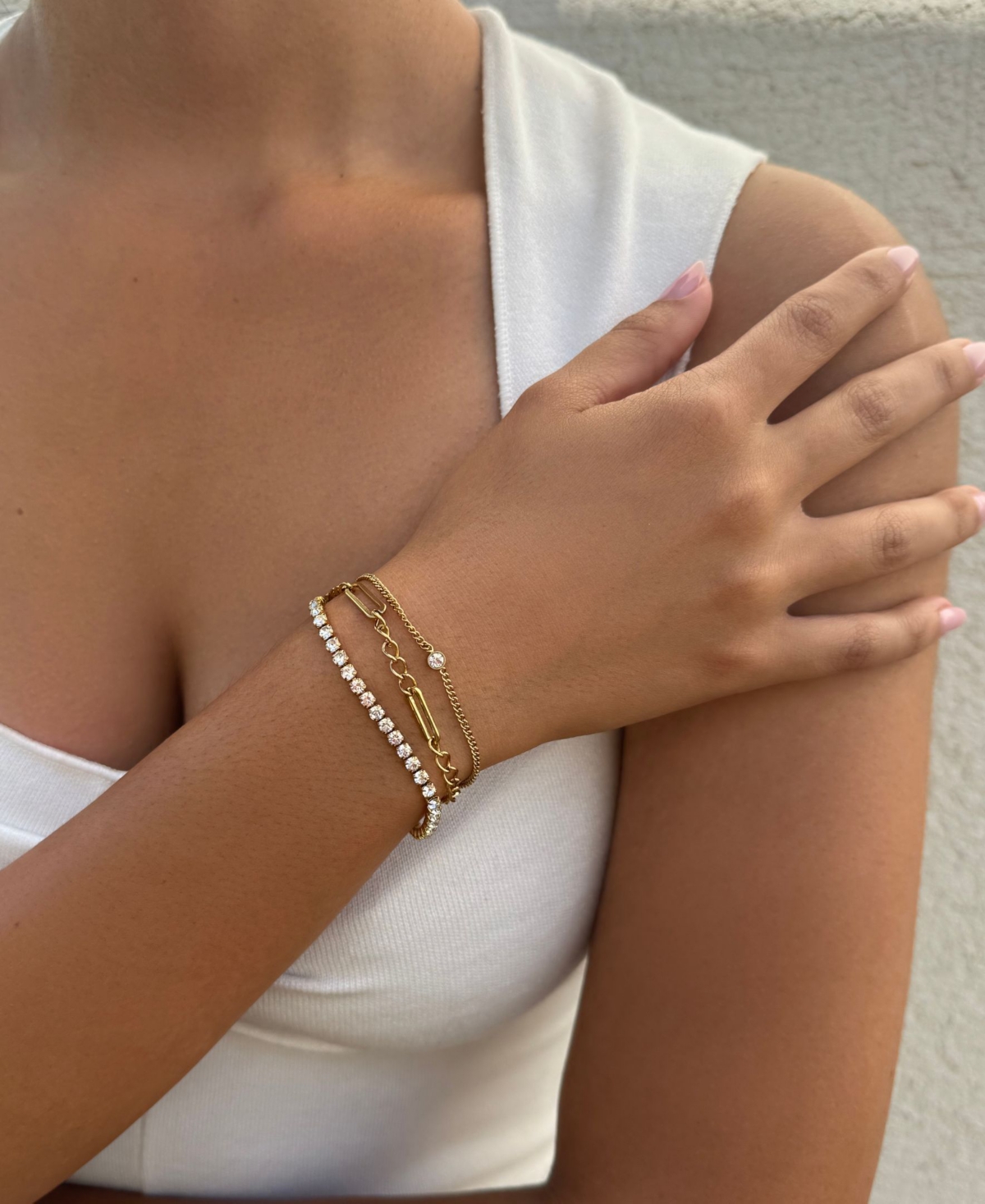 Adornia Tarnish Resistant Gold Crystal Layered Tennis 3-Chain Bracelet