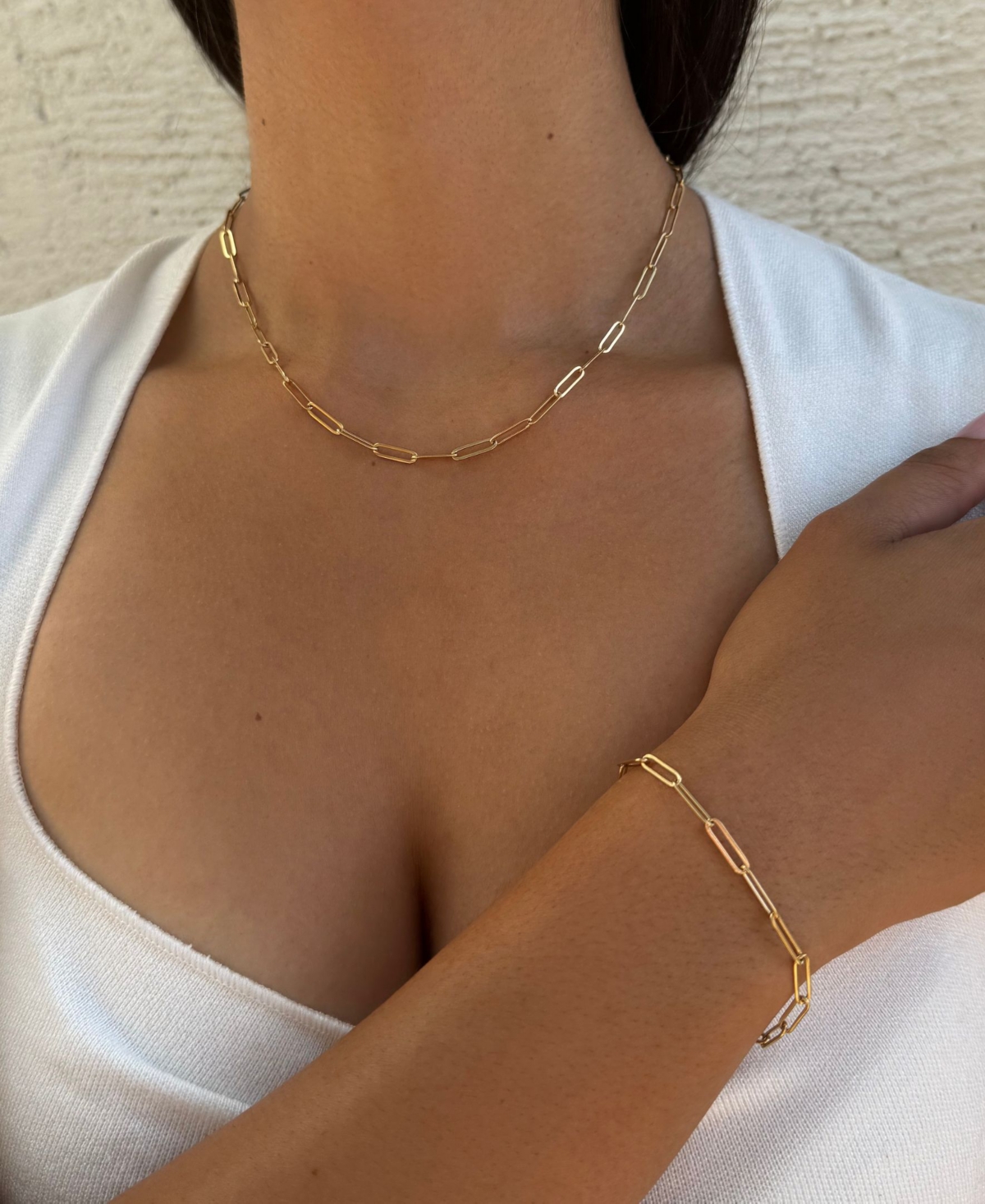 Adornia Tarnish Resistant Gold Paperclip Bracelet and Necklace Set