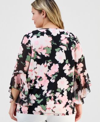 Plus Size Large-Floral-Print Ruffle-Sleeve Blouse 