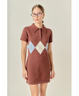 Women's Argyle Knit Polo Mini Dress
