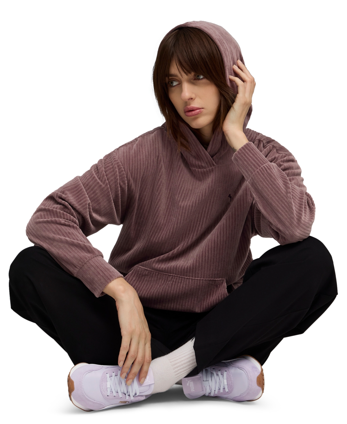 Puma Women's Elevated Comfort Velour Long-sleeve Hoodie In Purple