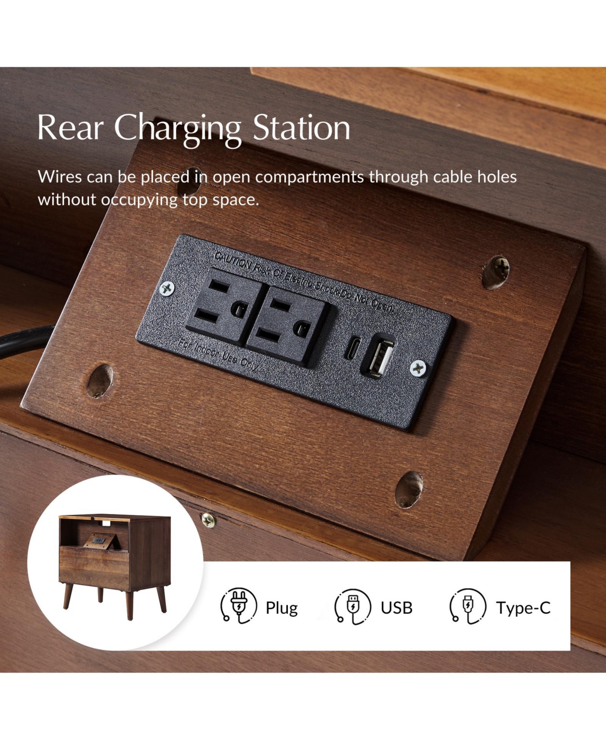 Zenaida Mid-century Modern Nightstand with Charging Ports and Hidden Drawer