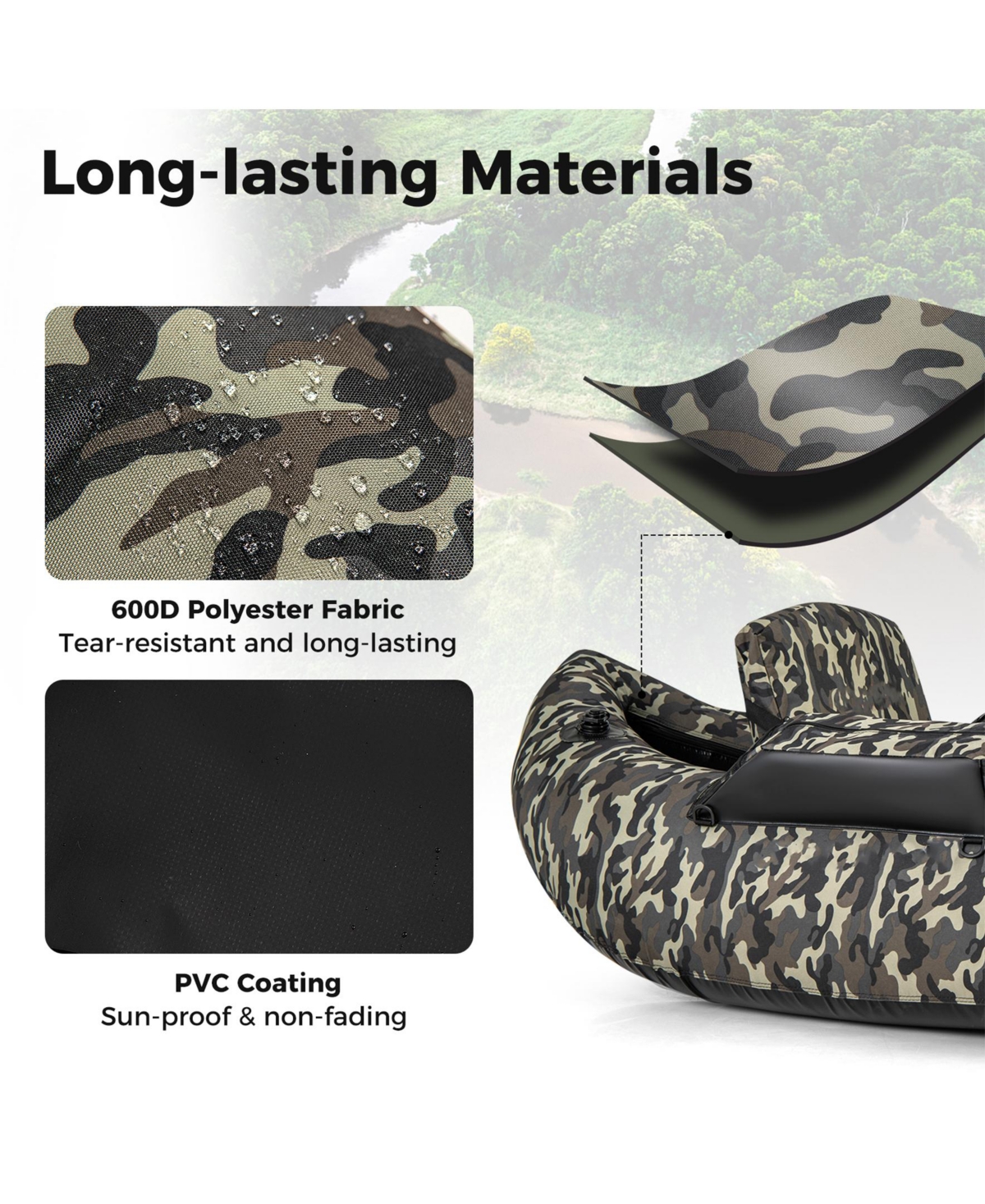 Sugift 350 Lbs Inflatable Fishing Float Tube with Adjustable Backrest and Backpack Straps-Camouflage