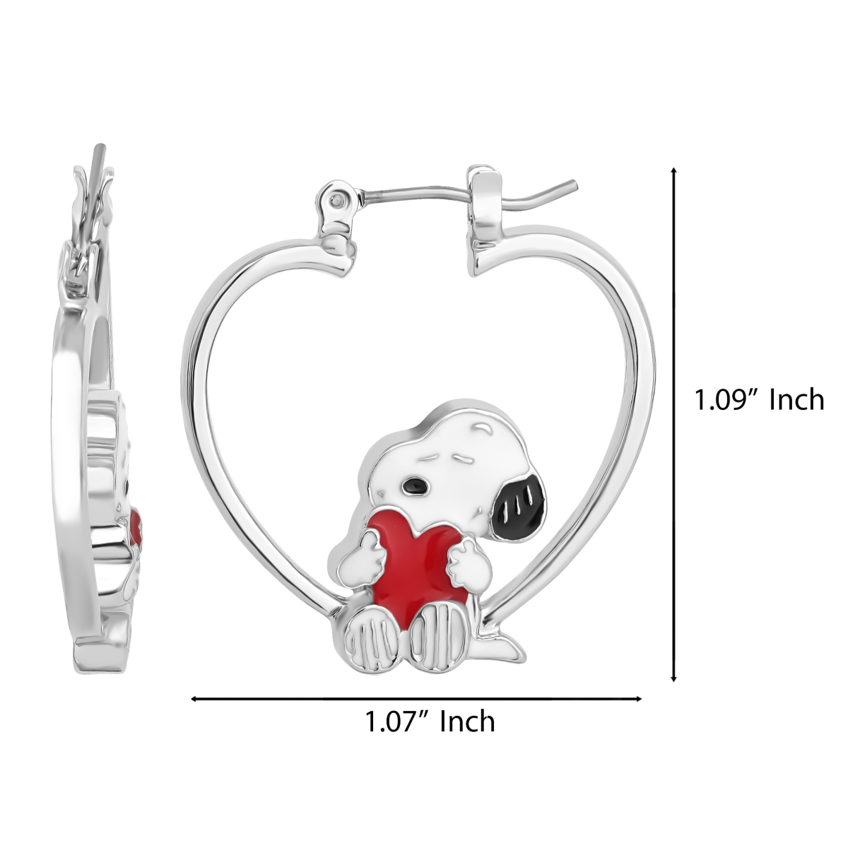 Peanuts Snoopy Heart Hoop Earrings, Silver-Tone with Red Enamel