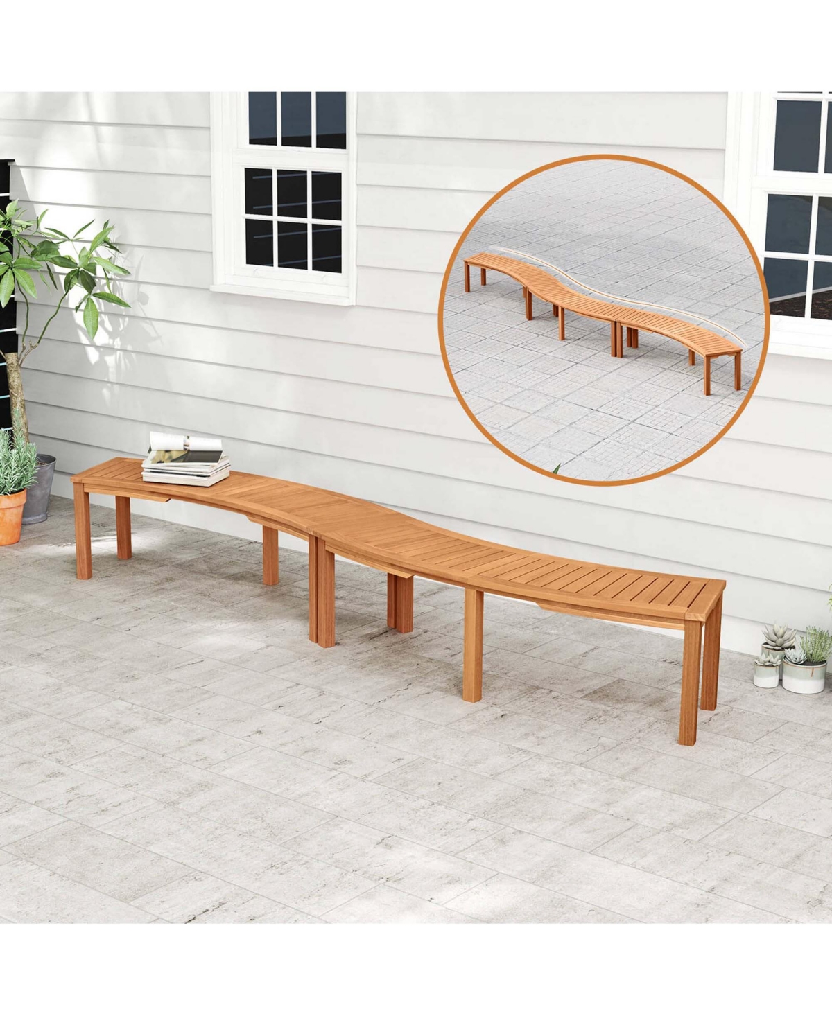 4 Pcs Outdoor Curved Bench with Slatted Seat Solid Acacia Wood for Yard