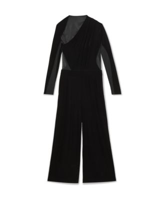 Women's Velvet Sheer-Panel Wide-Leg Jumpsuit