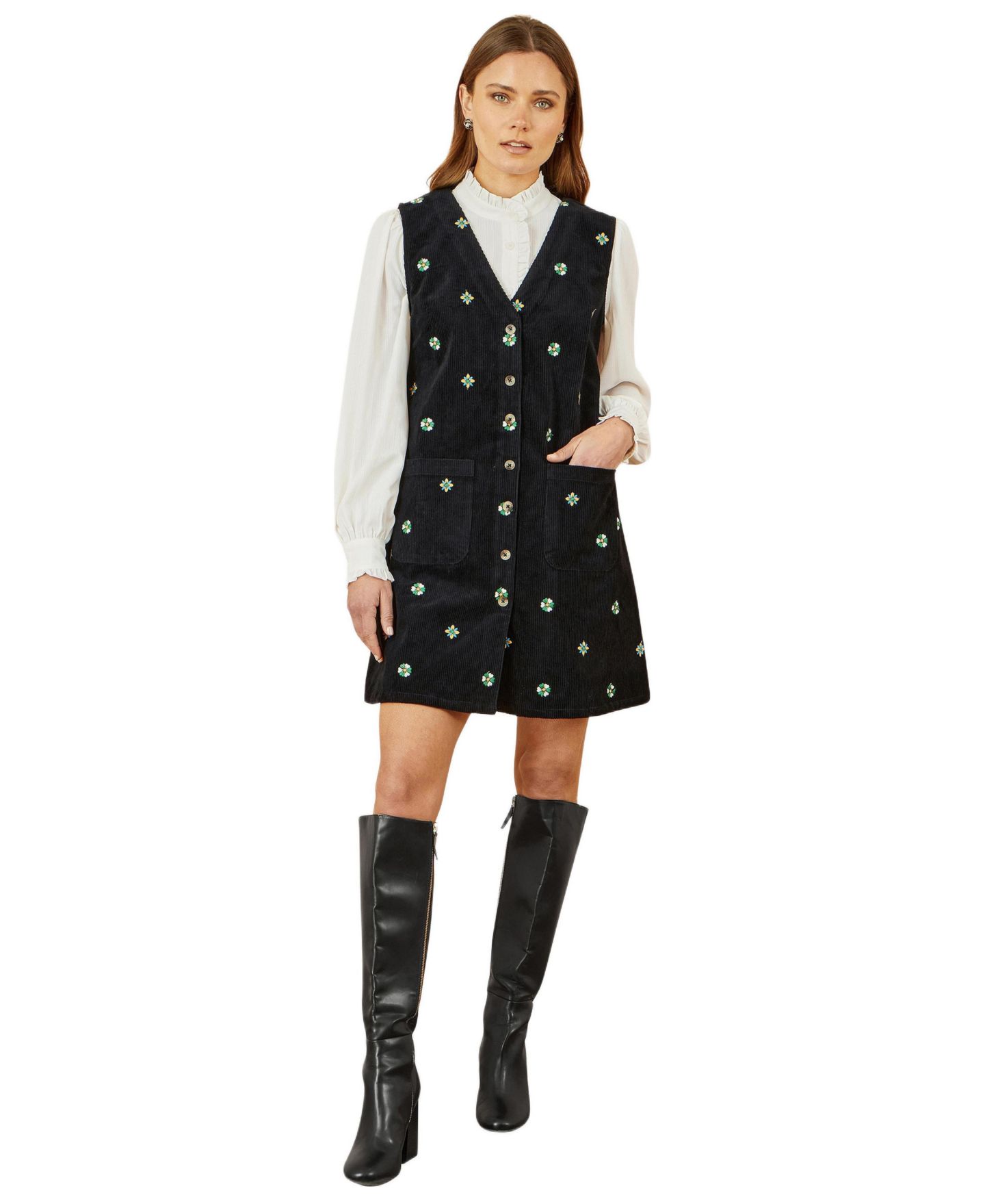 Женское платье Yumi Embroidered Button Up Pinafore, цвет: Чёрный — фото 1