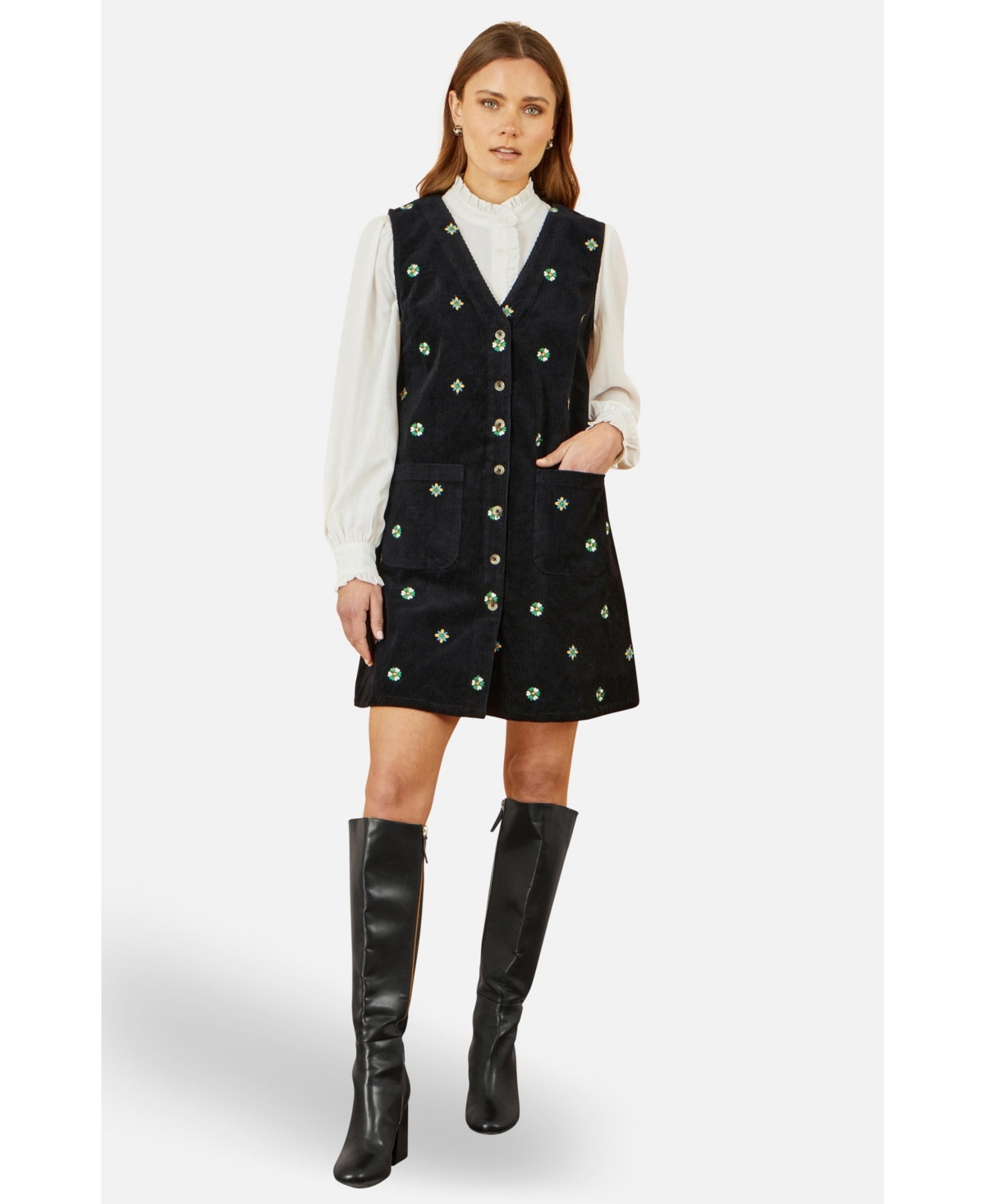 Yumi Women's Embroidered Button Up Pinafore Dress