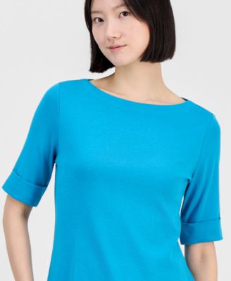 Women's Boat-Neck Elbow Sleeve Cotton Top