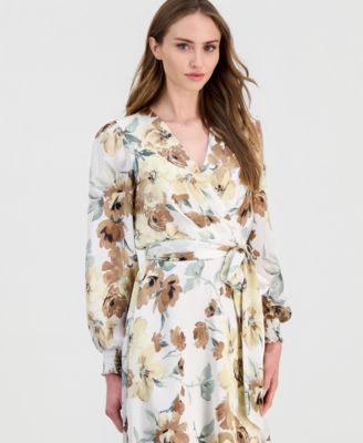 Petite Smocked Cuff-Sleeve V-Neck Midi Dress