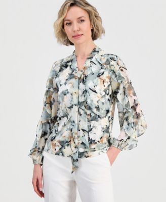 Women's Printed Tie-Neck Ruffle Blouse 