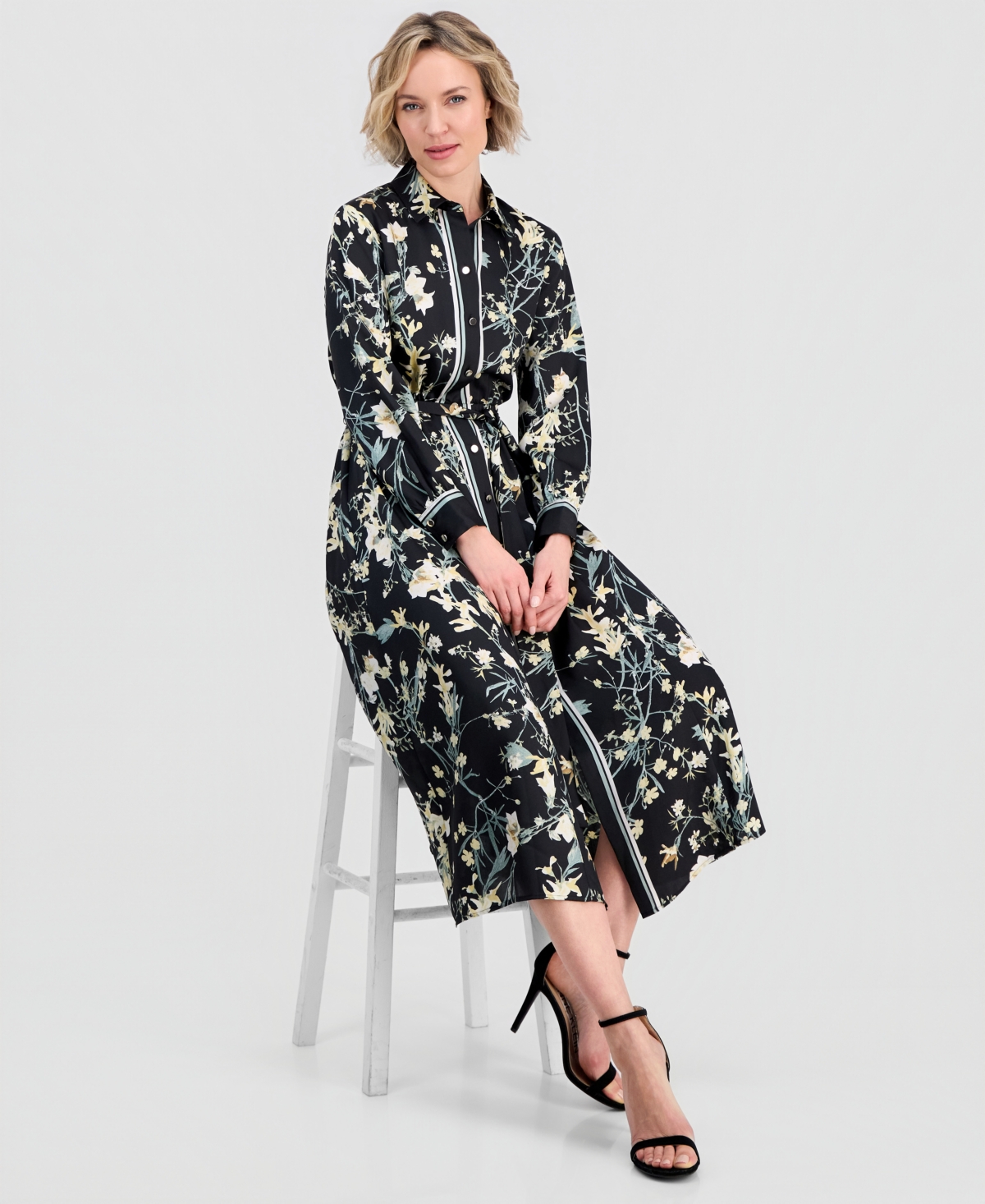 Anne Klein Women's A-Line Tie-Waist Midi Shirt Dress