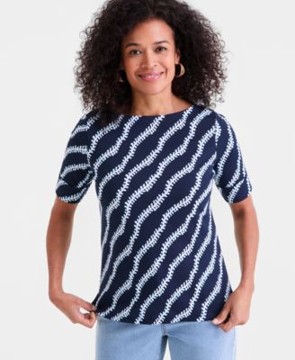 Women's Boat-Neck Elbow Sleeve Cotton Top, Exclusively at Macy's