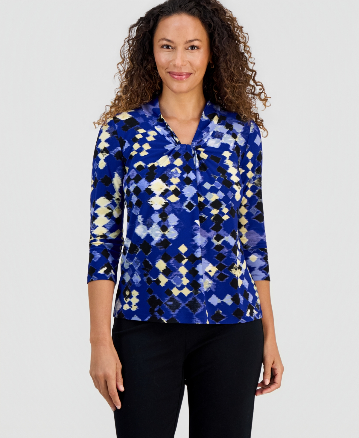 Kasper Petite Twist-Neck 3/4-Sleeve Top