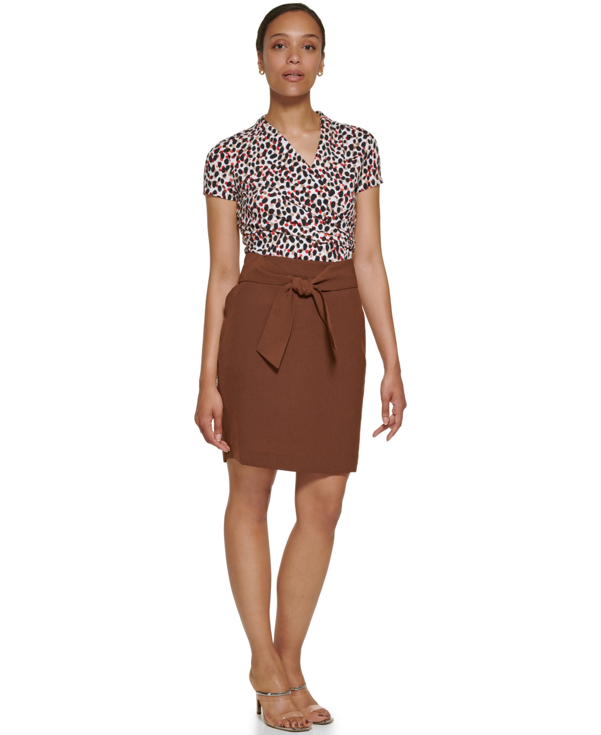 Dkny Petite Tie Front A-line Skirt In Brown
