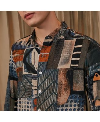 Men's Indigo Blue & Coffee Brown Earthy-Abstract Shirt