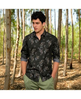 Men's Charcoal Grey Stamped-Foliage Shirt
