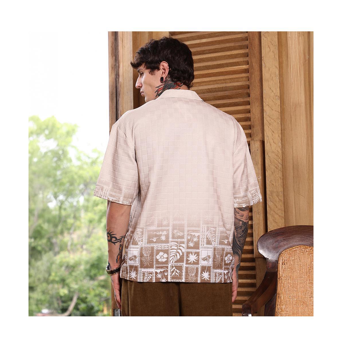 Campus Sutra Men's Ecru Beige Tropics Ombre-Tactile Shirt