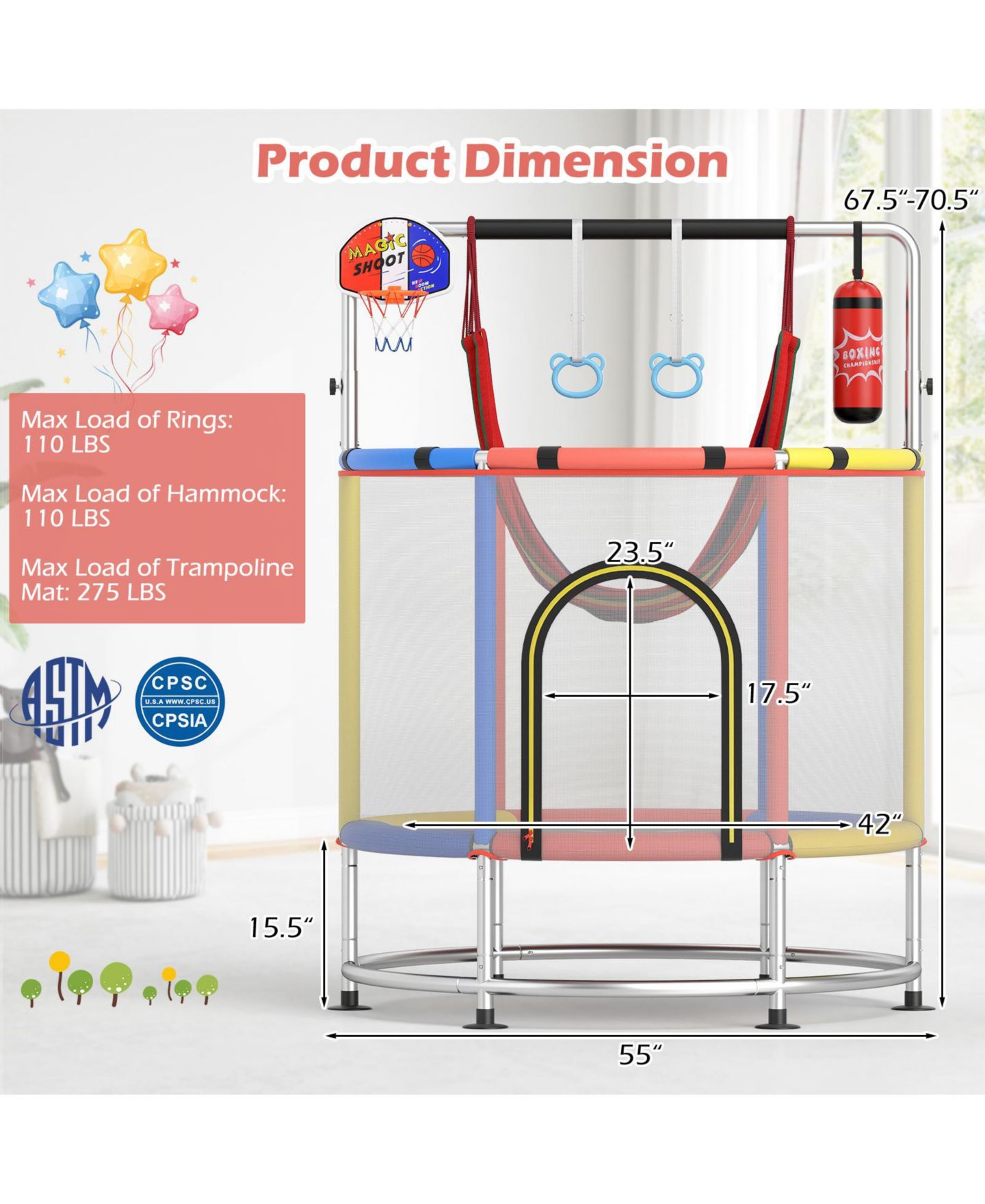 Детская игрушка HONGGE 6-in-1 Kids Trampoline with Basketball Hoop Gymnastics Bar, цвет: Красный — фото 4