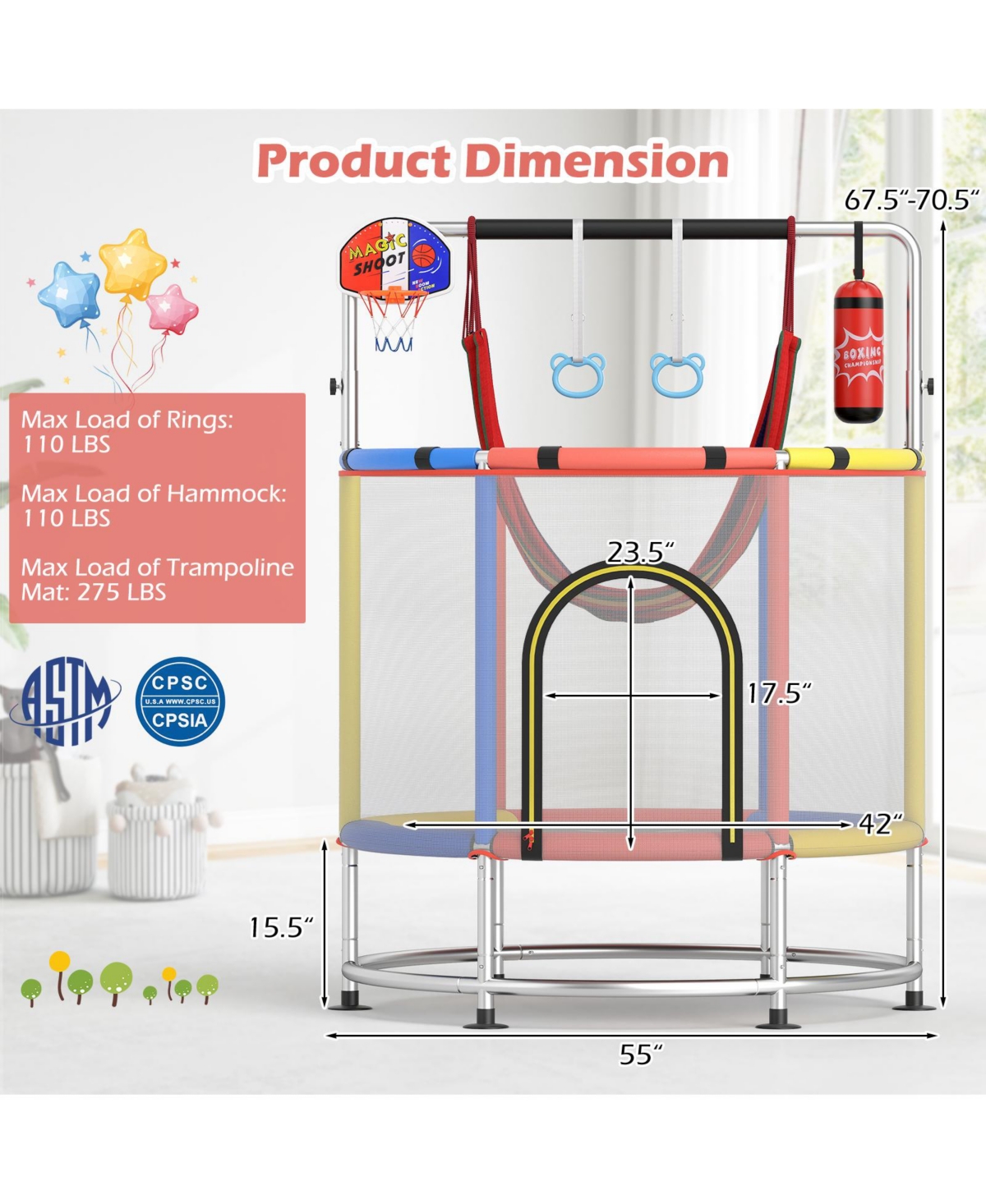 Hongge 6 In 1 Kids Trampoline With Basketball Hoop Gymnastics Bar And Safety Net