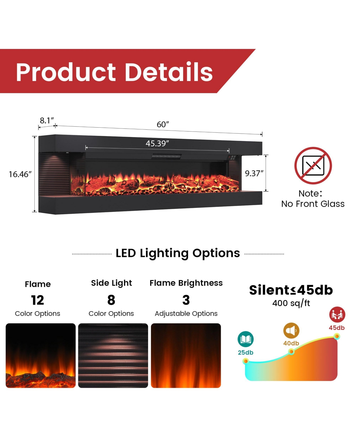 Clihome Inches Wall-Mounted Electric Fireplace With Led Lighted Mantel And Remote