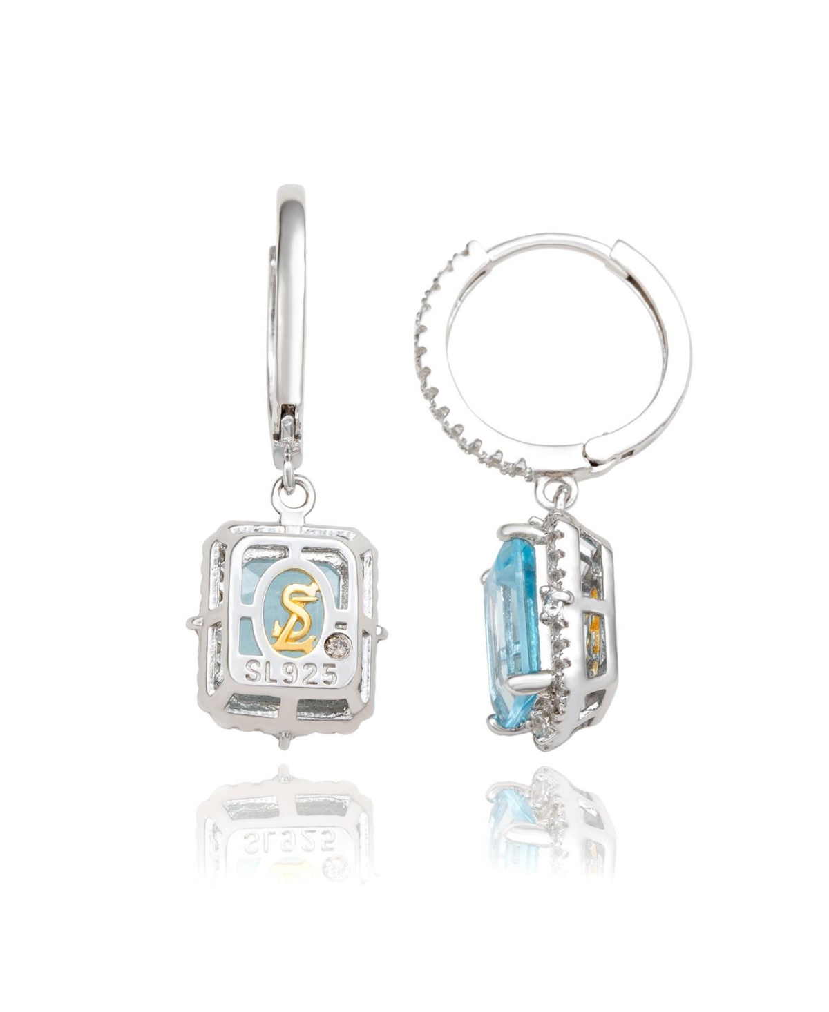 Suzy Levian Sterling Silver Emerald Cut Gemstone Halo Dangling Earrings