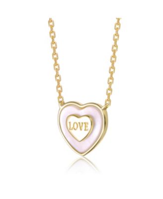 14K Gold Plated with White Mother Of Pearl or Purple Enamel & "LOVE" Inscription Heart Design Necklace
