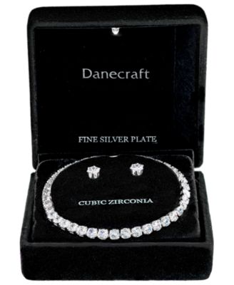 Silver-Tone Cubic Zirconia Tennis Bracelet and Stud Earrings Set
